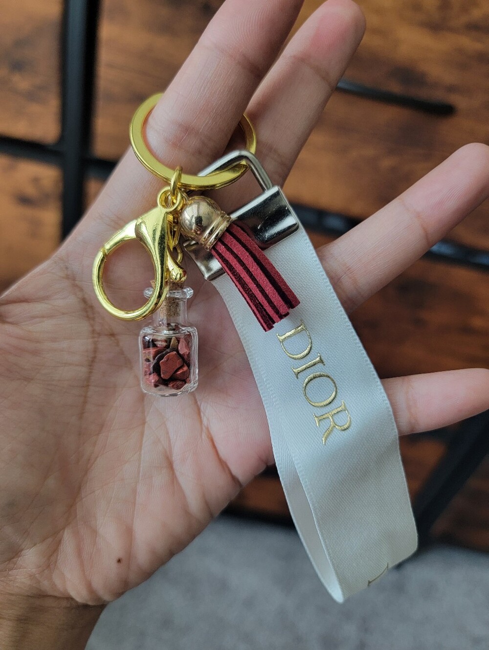 Dior White Ribbon Key & Bag Charm with Red Tassel and Gold Hardware